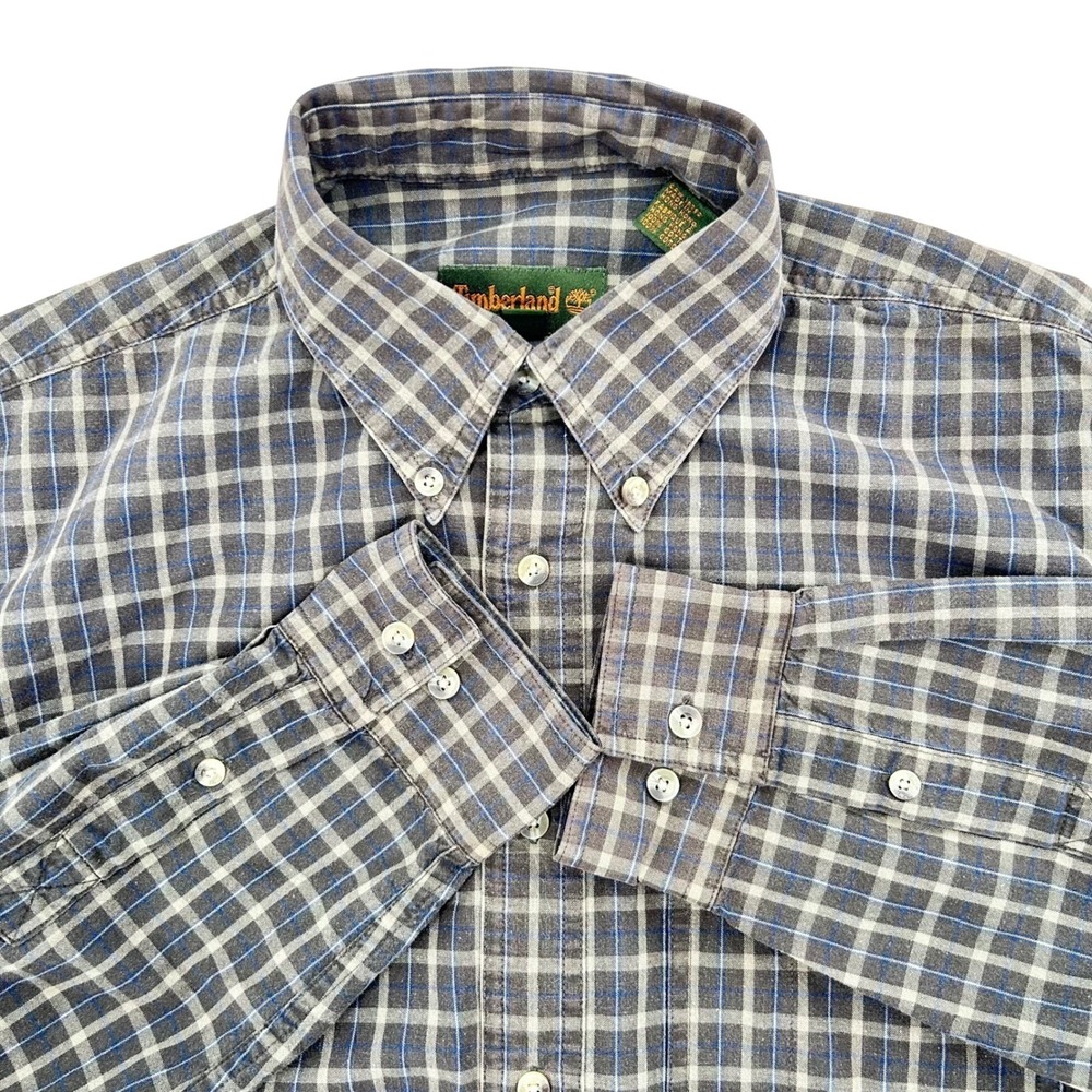 Timberland Mens Plaid‎ Button Down Shirt Grey Brown Blue Long Sleeve L